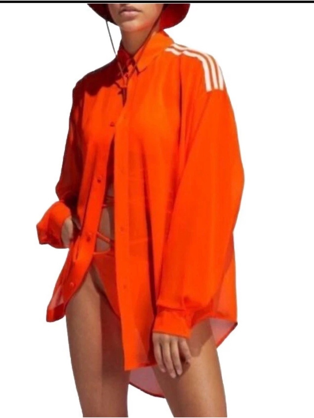 Adidas Ivy Park Neon Orange Button-Up Shirt with White Shoulder Stripes Size S - Picture 5 of 5